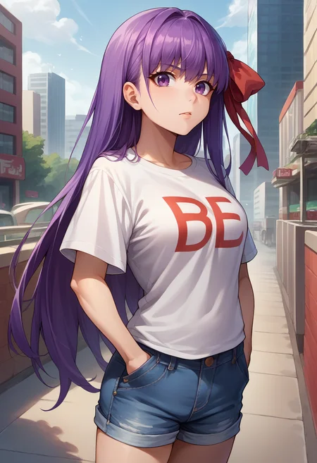 score_9, score_8_up, source_anime, 1girl, solo, BBFate, purple eyes, long hair, purple hair, hair ribbon, red ribbon, t-shirt, denim shorts, standing, outdoors, city, hands in pockets, <lora:CHAR-BBFatePonyXL:1>