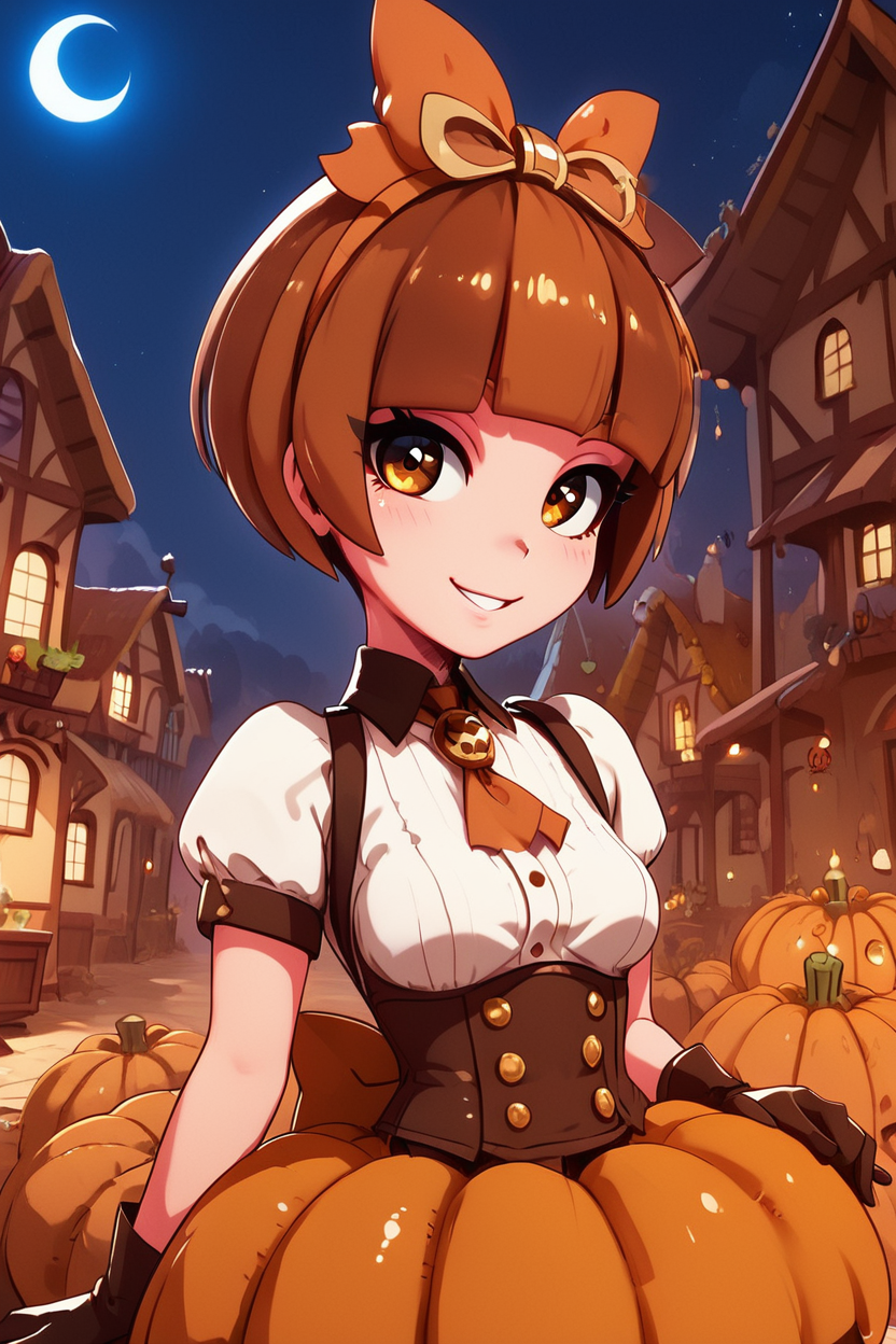 score_9, score_8_up, score_8, medium breasts, (curvy), cute, eyelashes,       BREAK, , ,,, zzPmpknGrl, brown eyes, short hair, brown hair, blunt bangs,  gloves, thighhighs, short sleeves, jack-o'-lantern, pumpkin, shirt, sitting, white shirt, <lora:PumpkinGirl_Masashi_PDXL:0.8>,   ,,, , BREAK, ,,, upper body, smile, looking at viewer, ,,, shiny skin, <lora:ProAnime_PDXL_v1:0.8>, night, soft shadows, moonlight reflecting off skin, whisper of wind, ,,, embedding:zPDXL, Expressiveh, <lora:SDXLFaeTastic2400:0.5>, <lora:Expressive_H-000001:0.4>,