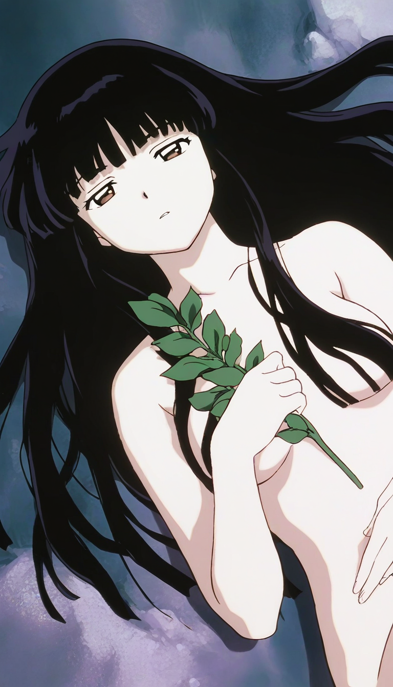 masterpiece,best quality,amazing quality,
<lora:kikyoNAI:1>,k1ky0,
1girl,solo,black hair,bangs,long hair,brown eyes,looking at viewer,parted lips,nude,portrait,from above,lying,holding plant in front of the chest,dutch angle,rock ground,emotionless,
