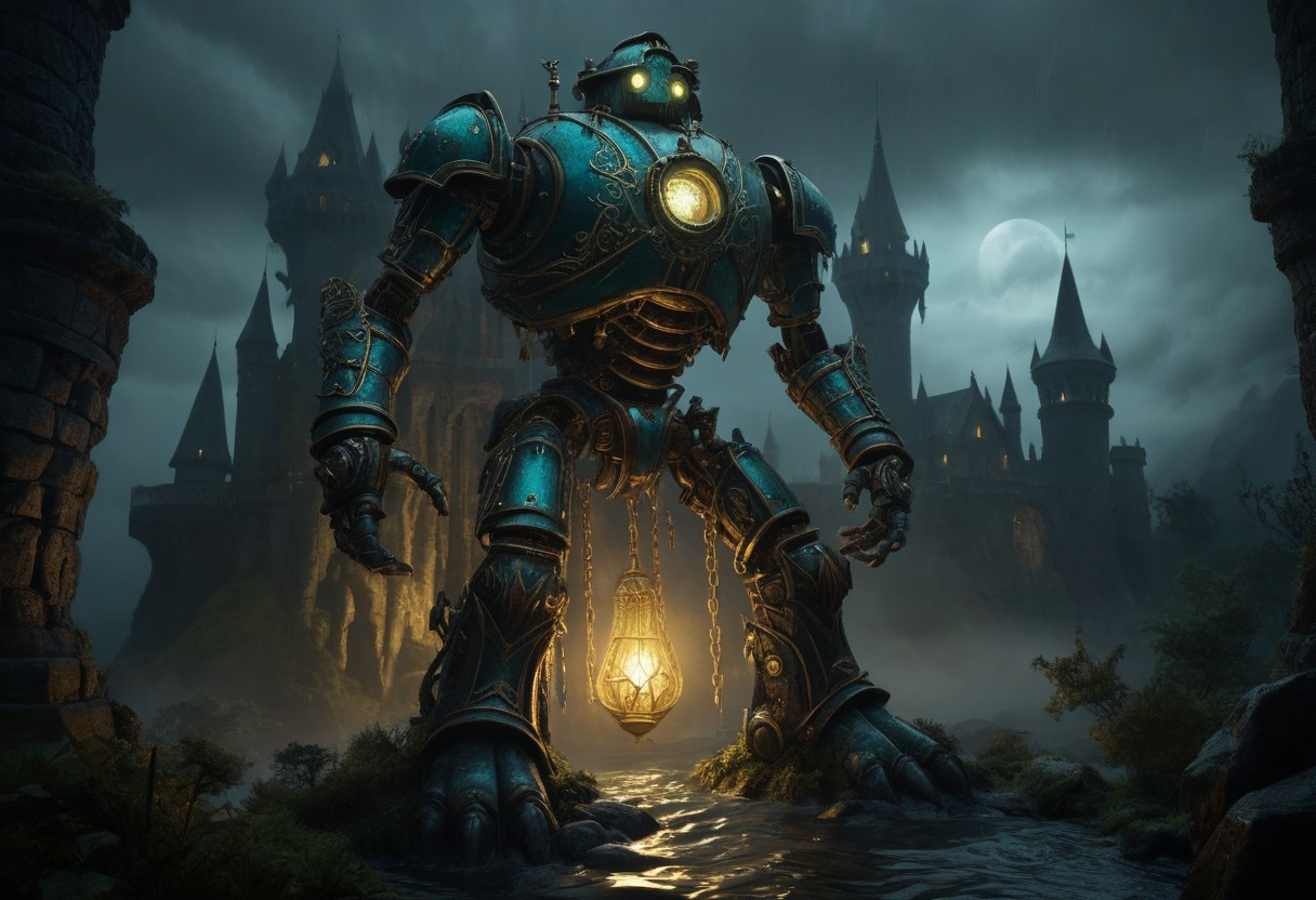giant bipedal robot brass and dark teal striped paint, bronze paisley robot. lacy robot metal. glass helmet torso head. outside of a steampunk keep. large detailed torso. dark image. one forty foot tall ancient robot with great arms and two heavy spring legs. dark foggy night background. $dark foggy night image only. dark photo realistic image. steampunk details. cogs, chains and pipes incorporated in the fantasy buildings. magic wizards tower in background. Dark swamp, moss, castle ruins, wizards tower. stormy dark night.  stormy sky.  rain