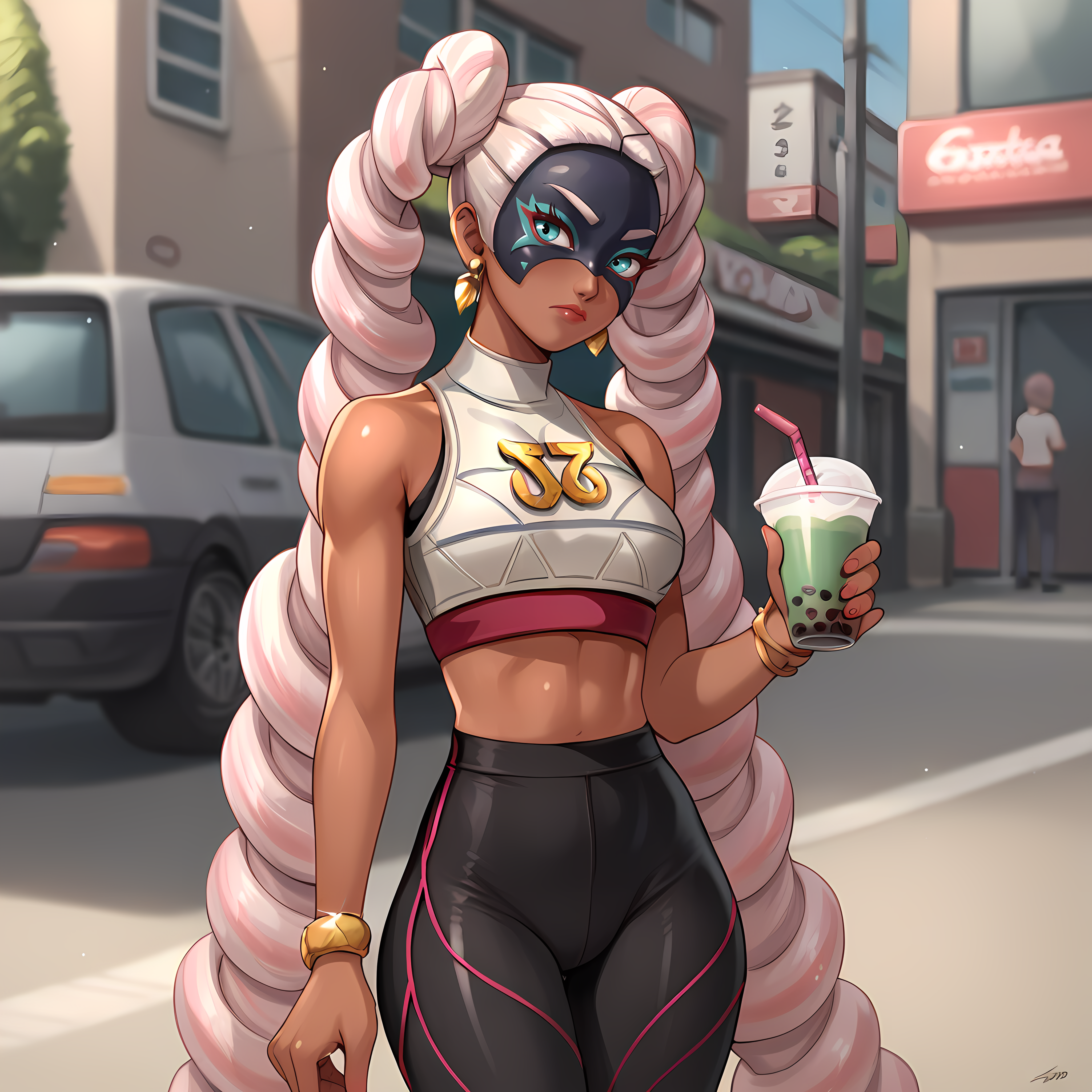 score_9,score_8_up,score_7_up,score_6_up,source_anime,rating_questionable, 1girl, solo, <lora:Twintelle_-_ARMS:0.7>twintelle_arms,  dark skin, jewelry, long hair, earrings, mask, drill hair, white pink hair, crop top, tights, boba tea, urban street, bored, zPDXL2,