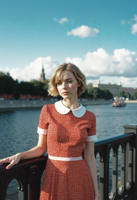 (masterpiece, best quality, high-res, 4k textures, ultra detailed:1.25),
Soviet Culture Emotional Film still of a cute Russian woman, short loose blond hair, clear realistic skin, empty hands on the vintage railing, wearing in party line Red Polka dress, white collar with rounded ends and white short sleeve cuffs, narrow belt, at embankment near the Kremlin, Blue Sky, soft cloud, Moscow city on the horizon, 35mm film, soft film grain