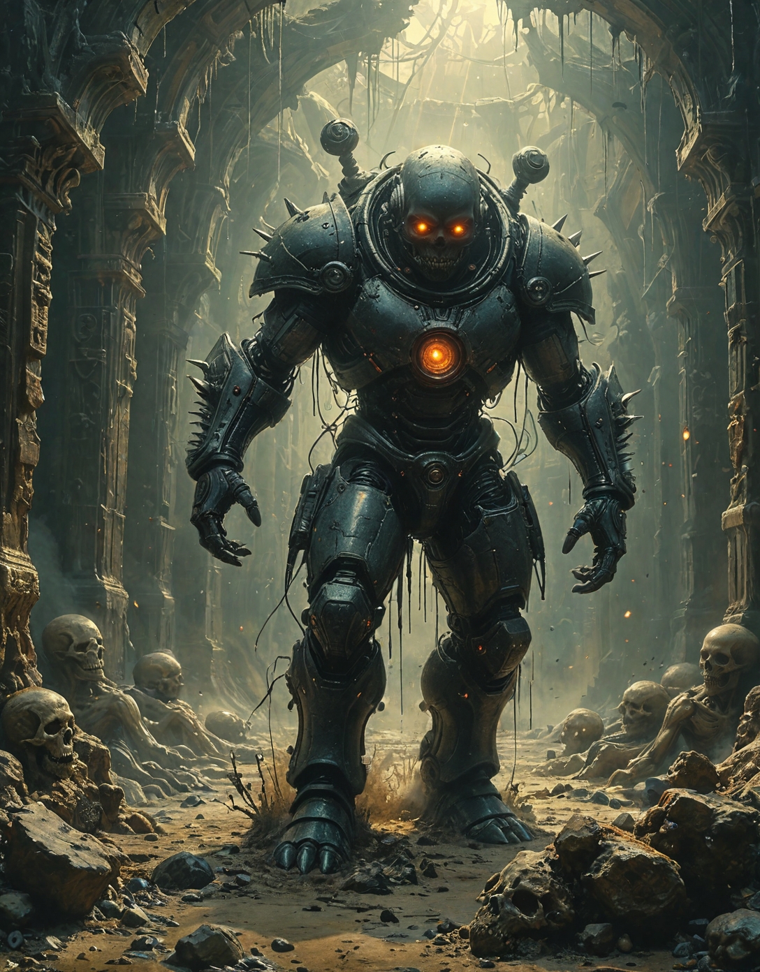 Dark Fantasy Art, (warforged golem with runic reactor core:1.2), backflipping over incoming projectile, stellar_flare, AI coral reef processing exabyte tides,  sand geysers erupting with crystallized soundwaves, tree rings emitting historical holograms,Photon storm morning with quantum annealing glare, Infestations of corrupted daisies rewriting local physics,
 <lora:tbh295-sdxl:0.3> style of H. R. Giger,
<lora:tbh297-sdxl:0.15>,
<lora:tbh189-sdxl:0.15> style of Hieronymus Bosch
<lora:add-detail-xl:0.7>,
<lora:extremely_detailed:0.7> extremely detailed,
<lora:Flux-XL_Scenery:0.15> flux-scenery,
<lora:Flux-style-xl-lora:0.15> flux-style
<lora:1dkXLP:0.15> 1dk,
<lora:PainterlyFantasiaFlux:0.15> Digital painting style,
8K resolution, ultra-detailed cinematic composition, contemporary concept art style, volumetric magical atmosphere with ethereal glow, rich complementary color palette, vivid gradients and chiaroscuro contrast, dynamic perspective with layered depth of field, inspiring awe-inspiring mood, Unreal Engine 5 render quality, intricate textures, flawless anatomy, rule of thirds composition, luminous highlights, surreal ambiance, award-winning illustration, harmonious balance of light and shadow, photorealistic details, ArtStation trending, chromatic accents, nostalgic futurism, dreamlike serenity, bold creativity, professional finish, sharp focus, ambient background, fascinating dynamic motion,, Baroque art style, dynamic composition, dramatic lighting, rich colors, intricate details, professional-grade execution, captures the grandeur and theatricality of the Baroque period, Biopunk art style, explores genetic engineering, biohacking, and biotechnology, organic and living elements, dystopian or utopian visions of a genetically modified future, dark, moody, dark fantasy style