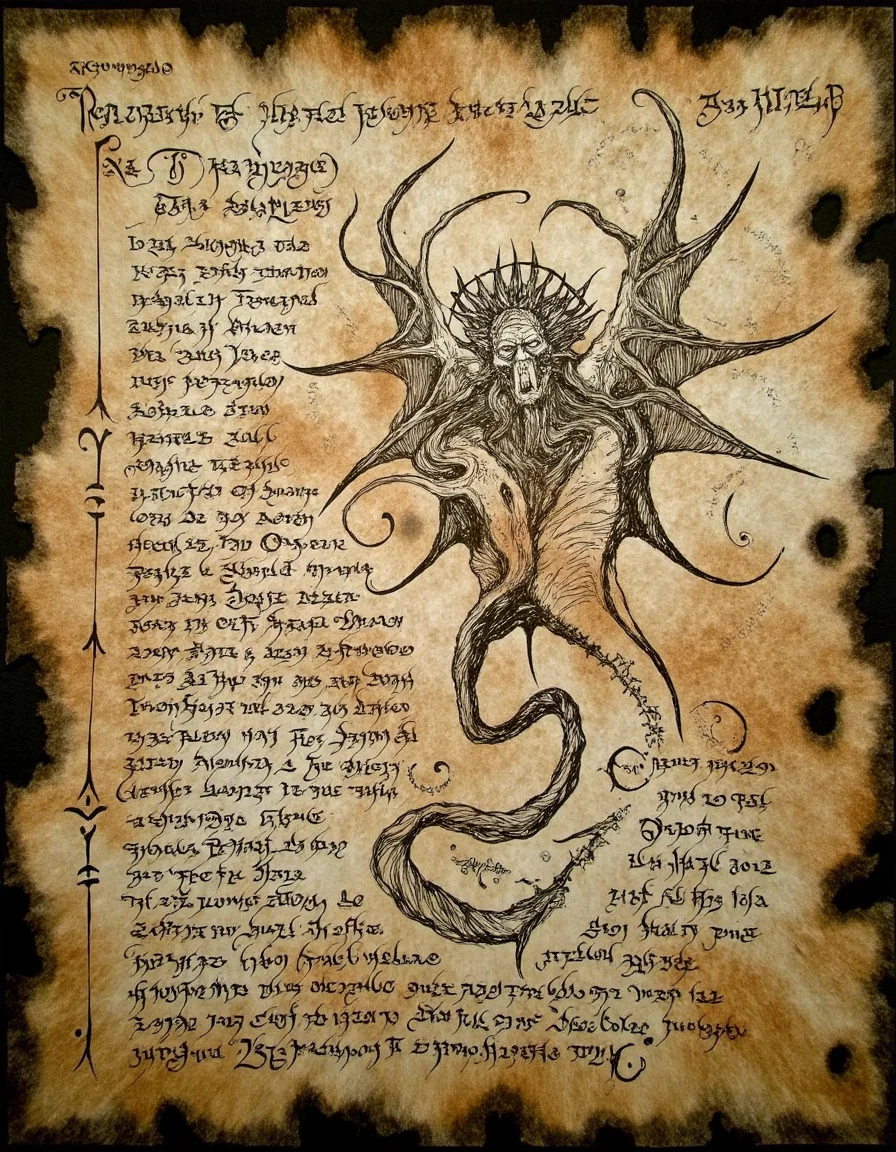 <lora:the_forbidden_book_v10_1500:1>, ncrnmcn, A weathered, scorched parchment describes the Ritual of the Serpent's Wrath