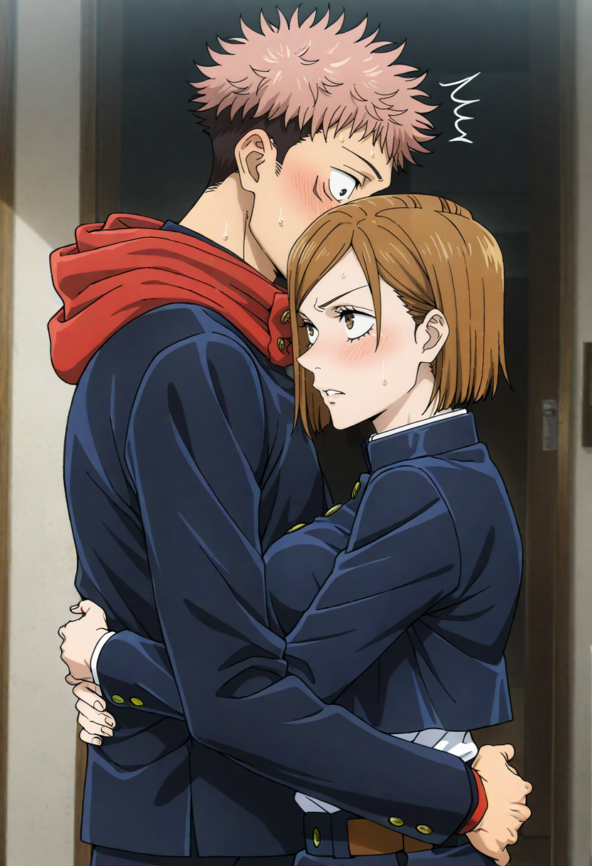 masterpiece, best quality, absurdres, highres, detailed background, <lora:hyperSD8:1>,
 <lora:KUGISAKI_NOBARA:0.8> 1girl, solo, kugisaki nobara, 1boy, itadori yuuji,  hug, embarrassed, blush, sweat, surprised,  from side,