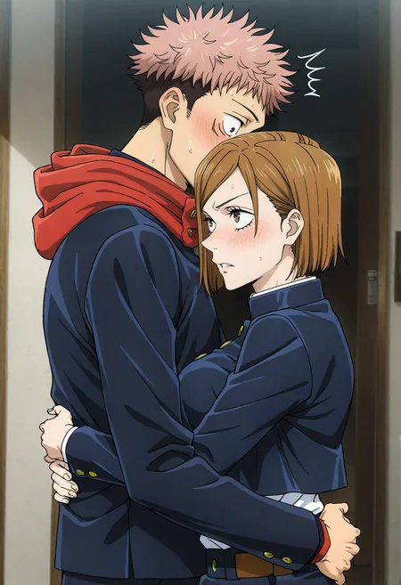 masterpiece, best quality, absurdres, highres, detailed background, <lora:hyperSD8:1>,
<lora:KUGISAKI_NOBARA:0.8> 1girl, solo, kugisaki nobara, 1boy, itadori yuuji, hug, embarrassed, blush, sweat, surprised, from side,