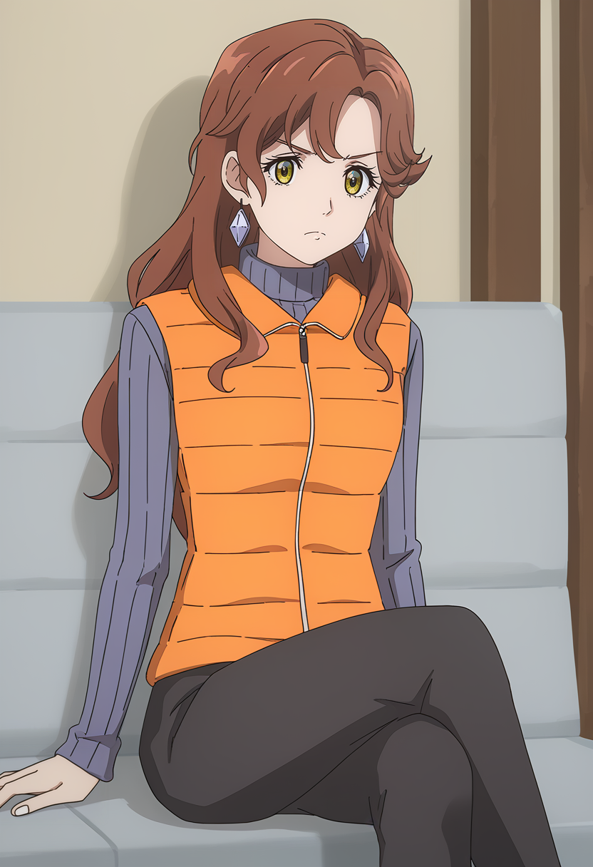<lora:Takamine Hitomi-000020:1>,
Takamine Hitomi,ribbed sweater,1girl,solo,earrings,brown hair,long hair,orange vest,closed mouth,yellow eyes,turtleneck,frown,turtleneck sweater,cowboy_shot,black skirt,sitting,crossed_legs,black pants,bleachers