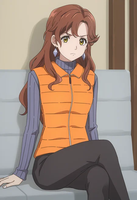 <lora:Takamine Hitomi-000020:1>,
Takamine Hitomi,ribbed sweater,1girl,solo,earrings,brown hair,long hair,orange vest,closed mouth,yellow eyes,turtleneck,frown,turtleneck sweater,cowboy_shot,black skirt,sitting,crossed_legs,black pants,bleachers
