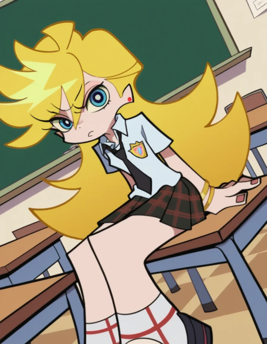 score_9, score_8_up, score_7_up, source_anime, <lora:panty-anarchy-anime-ponyxl-lora-nochekaiser:1>, panty anarchy, blonde hair, blue eyes, ahoge, long hair,, skirt, shirt, jewelry, school uniform, white shirt, pleated skirt, earrings, necktie, collared shirt, bracelet, plaid, plaid skirt, black necktie,, classroom, chalkboard, day time, studying, sitting, chair, desk,, , looking at viewer, knee forward, arm behind back, foot on tiptoe, solo,, cowboy shot, dutch angle