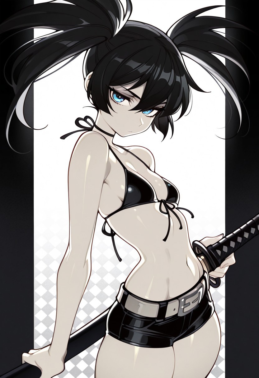 masterpiece,best quality,amazing quality,, score_9, score_8_up, score_7_up, soft lighting, dramatic lighting, (backlighting:1.7), artist:wamudraws, fishine, ExpressiveH, 1girl, sexy, BrShr, black bikini, bikini top only, small breasts, blue eyes, black hair, asymmetrical twintails, (gray-skinned female, pale skin:1.2), belt, black shorts, bare shoulders, sexy pose, chains, simple background, checker pattern background, black and white background, looking at viewer, action pose, katana,