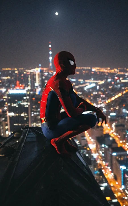 leogirl, realistic photography, Perched high on a city skyscraper, Spider-Man is illuminated by the twinkling city lights below. His figure is highlighted by the cool, diffuse light of the moon, close up, <lora:add-detail-xl:0.3>, perfecteyes, <lora:PerfectEyesXL:0.4>