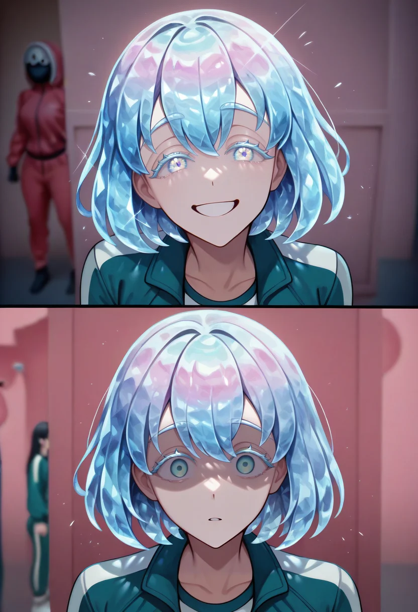 masterpiece, best quality, newest, absurdres, highres, 2girls, 2koma, looking at viewer, comic, scene reference, track jacket, blurry background, <lora:Year1&Year2SquidGameMeme_illusXLNoobAI_Incrs_v1:1>, 
dual persona, expressions, shaded face, smile, empty eyes,
 <lora:Hoseki_LandOfTheLustrous_Diamond_IllustriousXL_v1_973550:1>, d1am0nd, white skin, crystal hair, colored eyelashes, multicolored eyes, multicolored hair, short hair, hair between eyes,