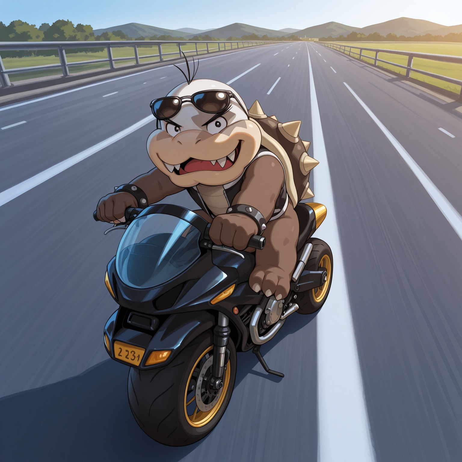 Mortonjr, 2d, solo, 1boy, male, fangs, shelled, (black spiked shell), tail, spiked bracelets, hair strands, black eyebrows, scalie, brown skin, white head, fangs, sharp teeth, fangs, claws, toe claws, black pupils, 3 toes, black hairs

BREAK driving on motorcycle, sunglasses on head, grin, black biker jacket, sleeveless, outside, on road, sunny day, looking at viewer, smile, happy, bottomless

BREAK best quality, amazing quality, very aesthetic, absurdres, newest, highres,