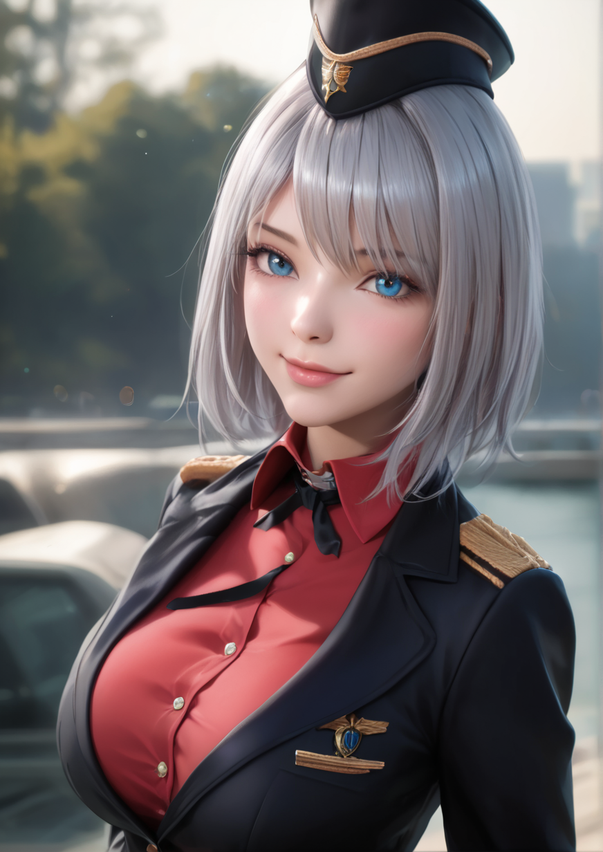 1girl, itsumi erika, huge breast, black headwear, black jacket, blue eyes, blush, closed mouth, dress shirt, garrison cap, grey hair, hat, insignia, jacket, kuromorimine military uniform, looking at viewer, medium hair, military, military hat, military uniform, red shirt, shirt, smile, solo, uniform, upper body, wing collar, 3d,zPDXL3,zPDXLrl <lora:Sevenbees:1>