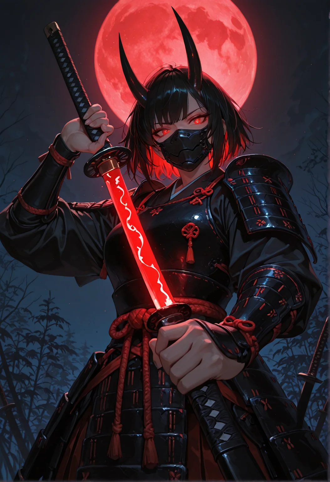 masterpiece, best quality, very aesthetic, absurdres, BREAK foreshortening, from below, fighting stance, determined, sword focus, face focus, 1girl, samurai, short horns, black horns, red glowing eyes, japanese armor, tsurime, mouth mask, katana, unsheathing, dark, night, red moon, moonlit, moonlight, red glow <lora:Avarice_v0.4:0.5>