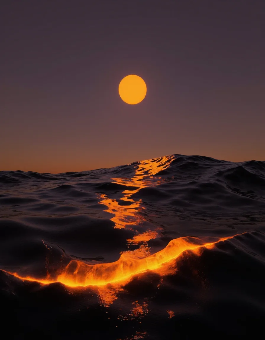 A photo-realistic shoot from a bird's eye view about a bright, glowing orange sun over a vast expanse of dark, rippled water. the image features a large, circular, bright orange sun in the center of the image, casting a warm glow over the surrounding landscape. the sky is a gradient of dark purple to light purple, with a few wavy, jagged edges that create a sense of depth and texture. the water is calm and still, reflecting the warm colors of the sky. in the foreground, there is a small, rocky outcrop with a bright orange glow emanating from it, creating a contrast between the two. the overall effect is one of serenity and tranquility, with the bright orange light reflecting off the water's surface and creating a beautiful, ethereal quality. <lora:landscape:1>