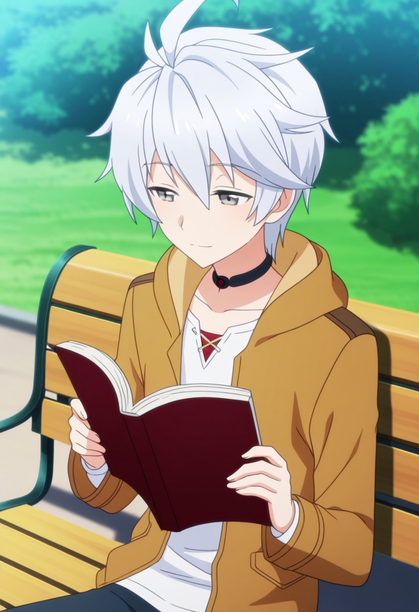 masterpiece, anime screencap, best quality, official style, soft details, smooth hair, 1boy, solo, male focus, looking away, long sleeve, white shirt, brown parka, choker, upper body, cowboy shot, skinny, cute, round face, bangs, youthful, outdoor, bench, lux_arcadia, white hair, grey eyes, ahoge, half closed eyes, sitting down, reading, holding book, light smile, closed mouth, relaxed