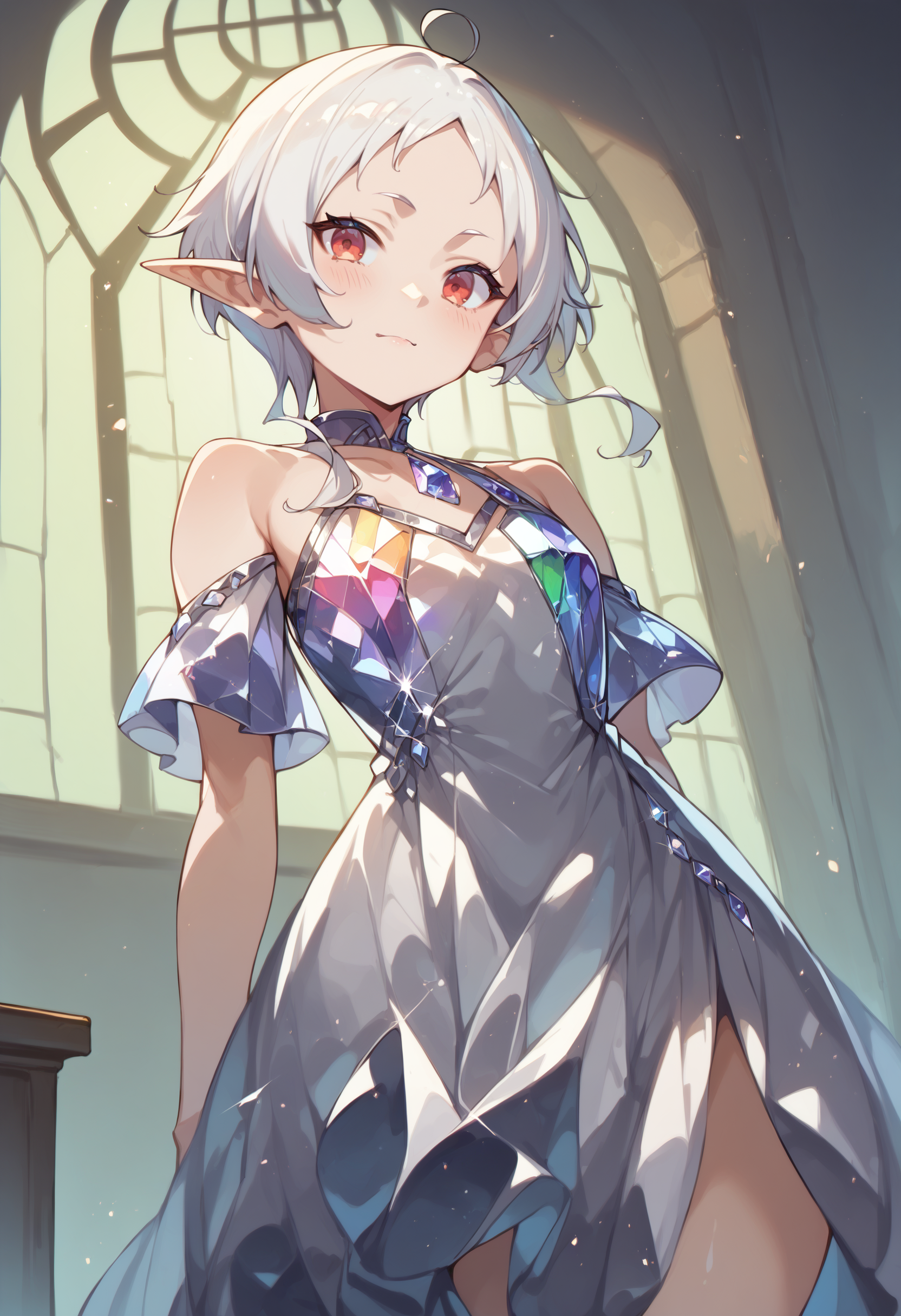 score_9, score_8_up, score_7_up, score_6_up, source anime,
eihplyspnxl, sylphiette \(mushoku tensei\), pointy ears, elf, short hair, sidelocks, light smile,
crystalline dress, bare shoulders, looking at viewer, from below , hip vent,
volumetric lighting, low key, high contrast, dark room, furniture, indoors, vivid color, window,
masterpeice, best quality, very aesthetic, absurdres
<lora:sylphiette:0.6>
 <lora:crystalline_dress-PD-1.0:1>