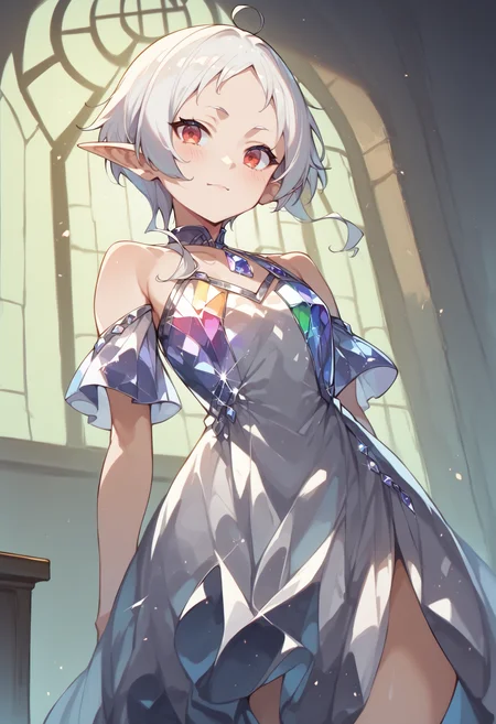 score_9, score_8_up, score_7_up, score_6_up, source anime,
eihplyspnxl, sylphiette \(mushoku tensei\), pointy ears, elf, short hair, sidelocks, light smile,
crystalline dress, bare shoulders, looking at viewer, from below , hip vent,
volumetric lighting, low key, high contrast, dark room, furniture, indoors, vivid color, window,
masterpeice, best quality, very aesthetic, absurdres
<lora:sylphiette:0.6>
<lora:crystalline_dress-PD-1.0:1>