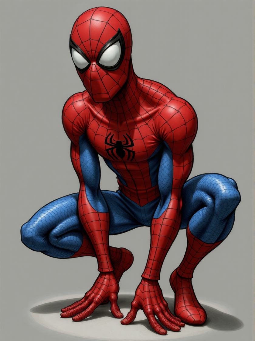full-body caricature of an spiderman crouched in his iconic position on a grey limbo background <lora:3d_caricature_Strong:0.9>