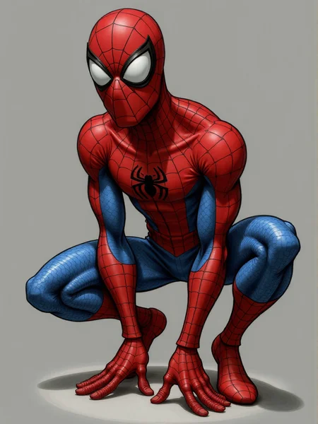 full-body caricature of an spiderman crouched in his iconic position on a grey limbo background <lora:3d_caricature_Strong:0.9>