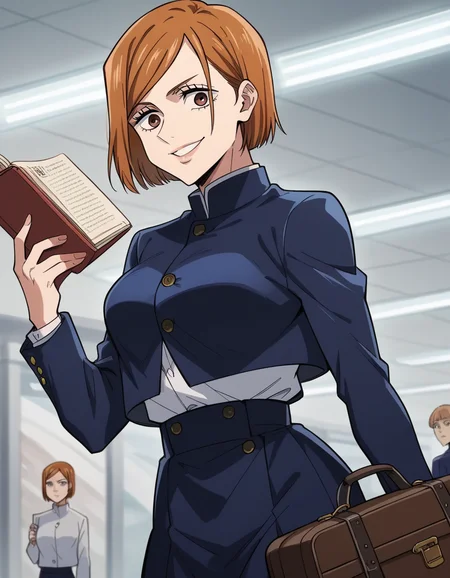 score_9, score_8_up, score_7_up, source_anime, <lora:nobara-kugisaki-s1s2-ponyxl-lora-nochekaiser:1>, nobara kugisaki, kugisaki nobara, bob cut, brown eyes, brown hair, lips, short hair, large breasts,, skirt, school uniform, jacket, cropped jacket, jitome, high-waist skirt, gakuran,, airport, waiting area, suitcase, flight delayed, passengers, reading book, smile, looking at viewer, solo,, cowboy shot, dutch angle