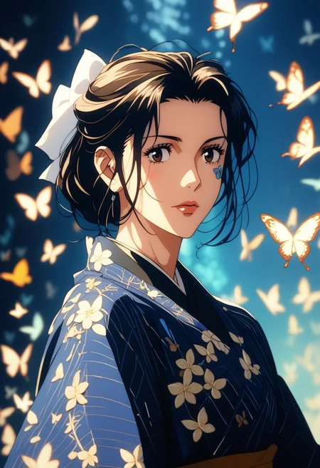 score_9, score_8_up, score_8, score_9, score_8_up, score_7_up, score_6_up, masterpiece, 8K, HD, high quality, (best quality:1.1), ExpressiveH, (hyper-realistic digital portrait:1.3), (young Asian woman with fair skin:1.3), (elegant black floral kimono:1.3), (graceful updo with soft strands framing face:1.3), (serene and melancholic expression:1.3), (eyes turned to the side:1.3), (butterflies in vibrant hues of green, blue, and brown:1.3), (intricate butterfly patterns:1.3), (magical, dynamic interaction of butterflies:1.3), (soft, even lighting highlighting delicate features:1.3), (shallow depth of field:1.3), (surreal optical illusion inspired by Bridget Riley:1.3), (black-and-white striped rippling wave patterns:1.3), (timeless, ethereal beauty:1.3), (dreamlike atmosphere with subtle distortion:1.3), (rich contrast between kimono, butterflies, and background:1.3), (subtle natural makeup enhancing delicate features:1.3), (graceful and poised pose:1.3), (traditional Japanese art influence:1.3), (dramatic visual narrative:1.3). v4mpd, retro_artstyle, science fiction, cyberpunk, 1980s style, mechanical parts, female/male focus