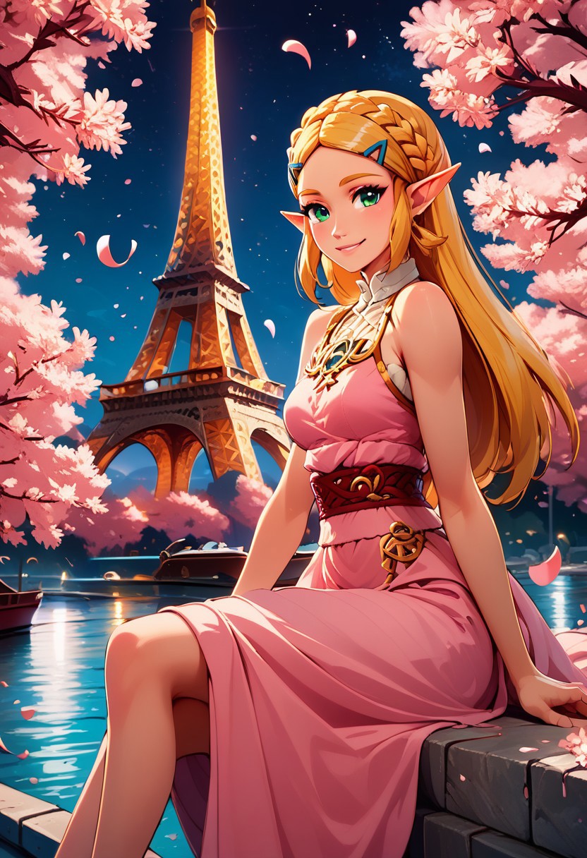 score_9, score_8_up, score_8, medium breasts, (curvy), cute, eyelashes,     
rating safe, 
BREAK,
 zzEiffelTower in background, 
princess zelda, long hair, crown braid, hairclip, pointy ears, green eyes, 
, bare shoulders, sitting, pink dress, red headwear, watercraft, boat, sitting on wall, side view, looking at viewer, smile, 
BREAK, 
blooming stars, luminescent petals, otherworldly fragrance blurry background, cherry blossoms, 
night, glowing, 
BREAK,
smile, looking at viewer, 
abstract background, 
zPDXL, Expressiveh