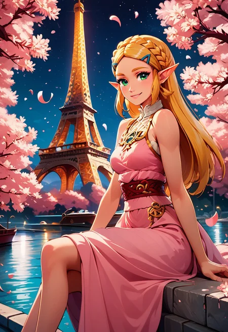 score_9, score_8_up, score_8, medium breasts, (curvy), cute, eyelashes,
rating safe,
BREAK,
zzEiffelTower in background,
princess zelda, long hair, crown braid, hairclip, pointy ears, green eyes,
, bare shoulders, sitting, pink dress, red headwear, watercraft, boat, sitting on wall, side view, looking at viewer, smile,
BREAK,
blooming stars, luminescent petals, otherworldly fragrance blurry background, cherry blossoms,
night, glowing,
BREAK,
smile, looking at viewer,
abstract background,
zPDXL, Expressiveh
