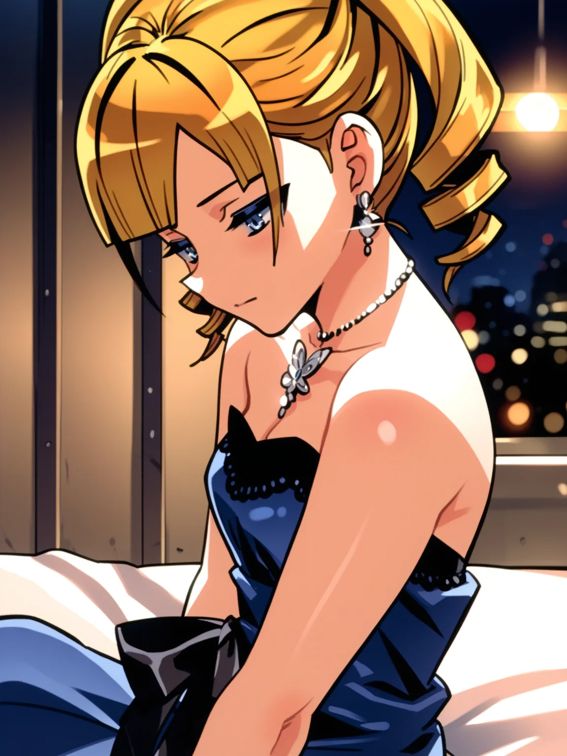 <lora:happy_tentacle-rina-v0.3-000034:0.9>, ht_rina, evening gown, blue dress, strapless dress, twin drills, jewelry, earrings, necklace, bracelet, outdoors , 1girl, solo, upper body , half-closed eyes , (emotionless :1), , looking down , sitting , from side , score_9, score_8_up, score_7_up, score_6_up, score_5_up, score_4_up