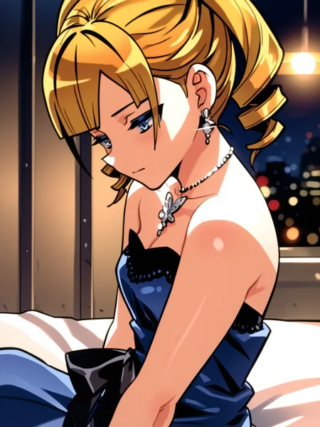 <lora:happy_tentacle-rina-v0.3-000034:0.9>, ht_rina, evening gown, blue dress, strapless dress, twin drills, jewelry, earrings, necklace, bracelet, outdoors , 1girl, solo, upper body , half-closed eyes , (emotionless :1), , looking down , sitting , from side , score_9, score_8_up, score_7_up, score_6_up, score_5_up, score_4_up