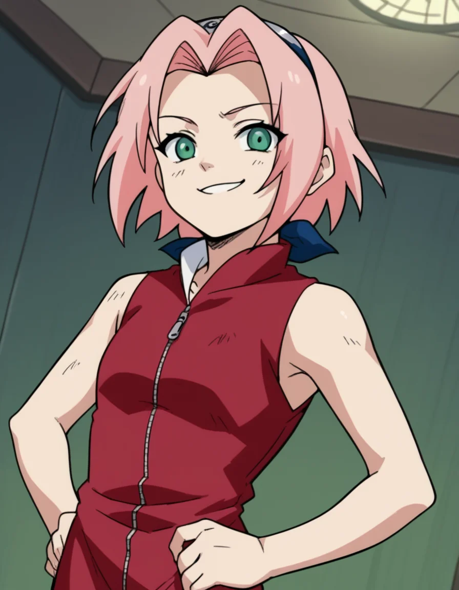 score_9, score_8_up, score_7_up, source_anime, <lora:sakura-haruno-s1-ponyxl-lora-nochekaiser:1>, sakura haruno, medium hair, green eyes, pink hair, parted bangs,, dress, red dress, bare shoulders, collarbone, sleeveless, sleeveless dress, zipper, zipper pull tab, forehead protector,, indoors, smug, smile, looking at viewer, solo, hands on hips,, cowboy shot, dutch angle