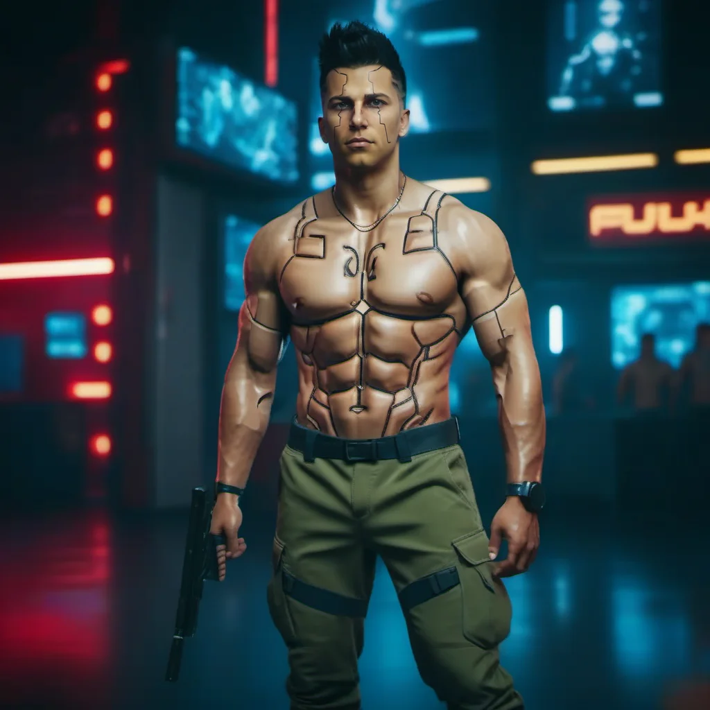 DavidMartinez1024, a very muscular man, shirtless, cargo pants, cyberpunk background, highly detailed, photography, ultra sharp, film, bokeh, professional, 64k <lora:DavidMartinez1024:0.8>