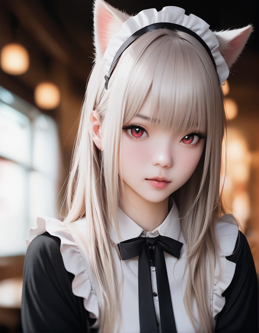 <lora:a31cosv2_last:1>,
masterpiece, best quality,
1girl, solo, white hair,long hair,bangs,cat ears, red eyes,maid headdress, upper body,
