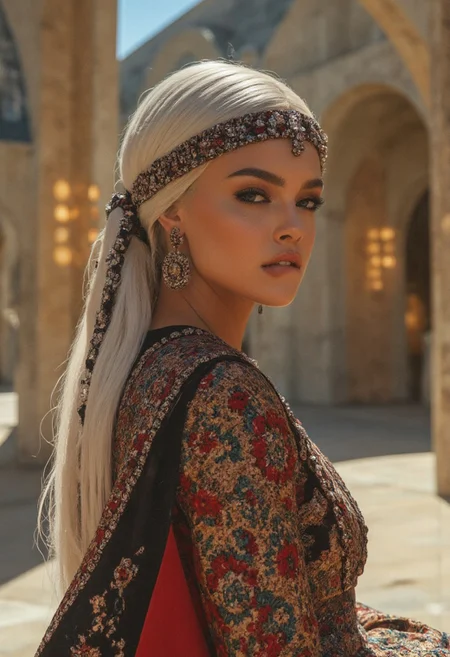 "A stunning Persian woman with intricately braided white hair, her gaze hidden by an elegant blindfold adorned with delicate embroidery. She wears luxurious, flowing attire featuring rich textures, intricate patterns, and vibrant colors inspired by Persian artistry. The scene is bathed in soft, ethereal light, with a serene atmosphere that highlights her regal and mysterious presence. Her pose is graceful yet commanding, set against a backdrop of ornate Persian architecture with intricate tiles and soft glowing lanterns. Hyper-detailed, cinematic composition, ultra-realistic, 8K resolution, masterpiece.s. The overall aesthetic is ultra-modern and ethereal, with the model’s serene yet commanding presence standing out against a minimalist, sci-fi-inspired background. <lora:midjourney_whisper_flux_lora_v01:1>, <lora:Midjourney_Whisper_Elegance:1>.