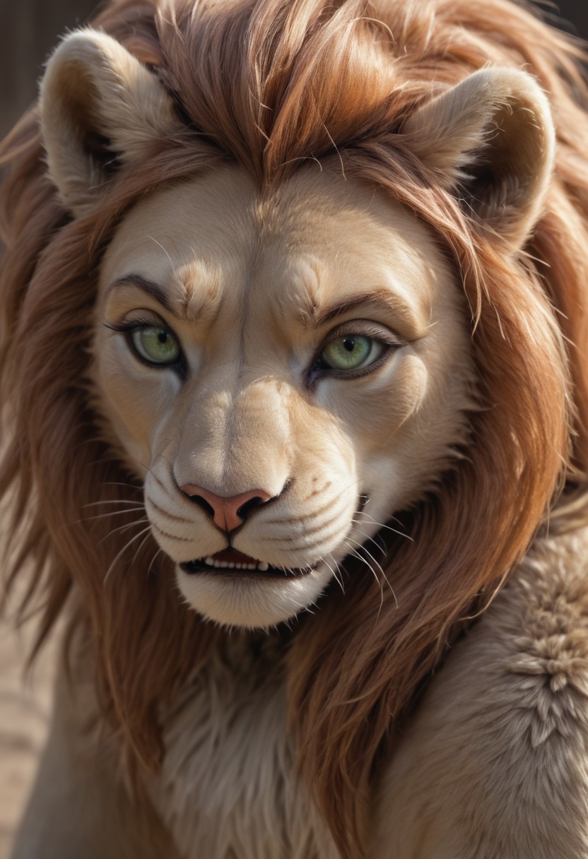 Score_9, lion, furry, anthro, animal ears, tail, lion girl, animal nose, lion tail, long tail, furry female, small breasts, lion teeth, lion ears, snout, two-tone fur, lion fur, green  iris, green eyes, orange hair, absurd res,  sharp focus, volumetric lighting, detailed skin, detailed hair, extremely detailed, ultra 8k quality,  high gradient eyes