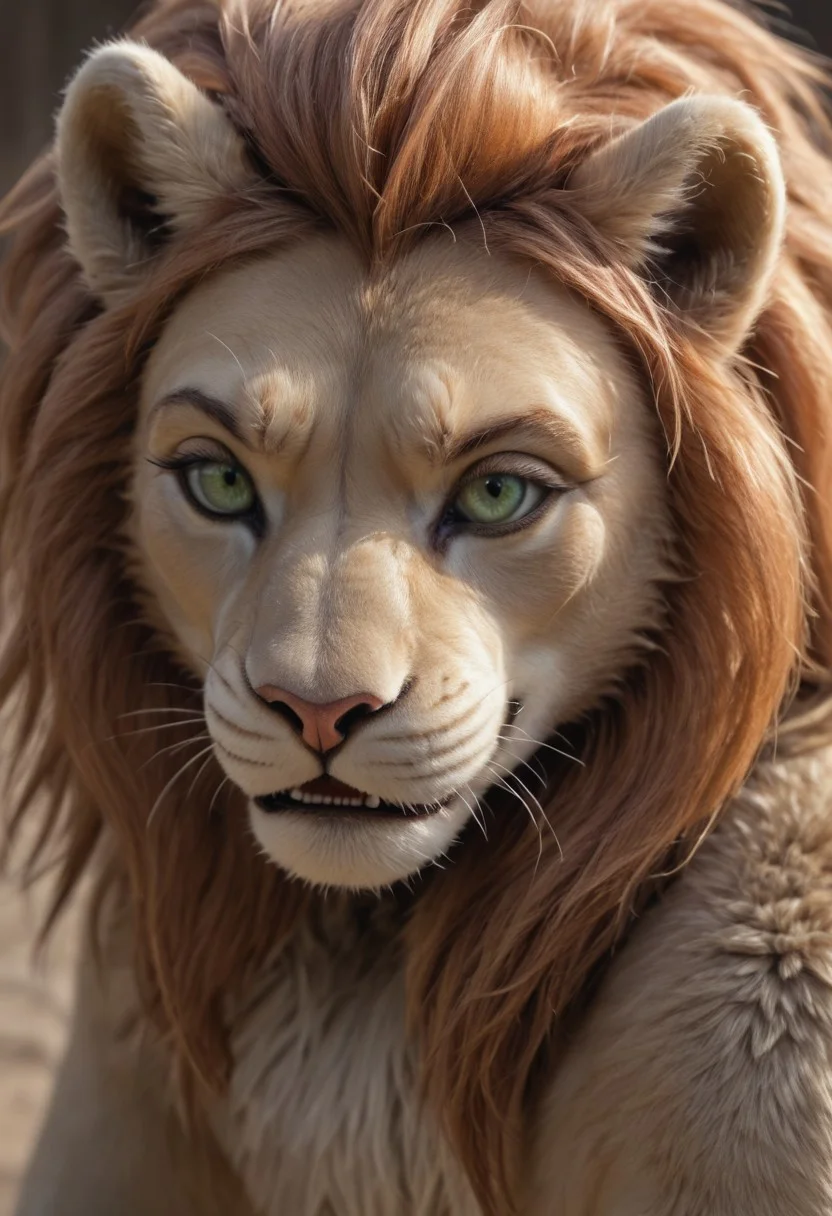 Score_9, lion, furry, anthro, animal ears, tail, lion girl, animal nose, lion tail, long tail, furry female, small breasts, lion teeth, lion ears, snout, two-tone fur, lion fur, green iris, green eyes, orange hair, absurd res, sharp focus, volumetric lighting, detailed skin, detailed hair, extremely detailed, ultra 8k quality, high gradient eyes