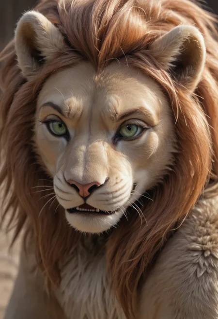 Score_9, lion, furry, anthro, animal ears, tail, lion girl, animal nose, lion tail, long tail, furry female, small breasts, lion teeth, lion ears, snout, two-tone fur, lion fur, green iris, green eyes, orange hair, absurd res, sharp focus, volumetric lighting, detailed skin, detailed hair, extremely detailed, ultra 8k quality, high gradient eyes