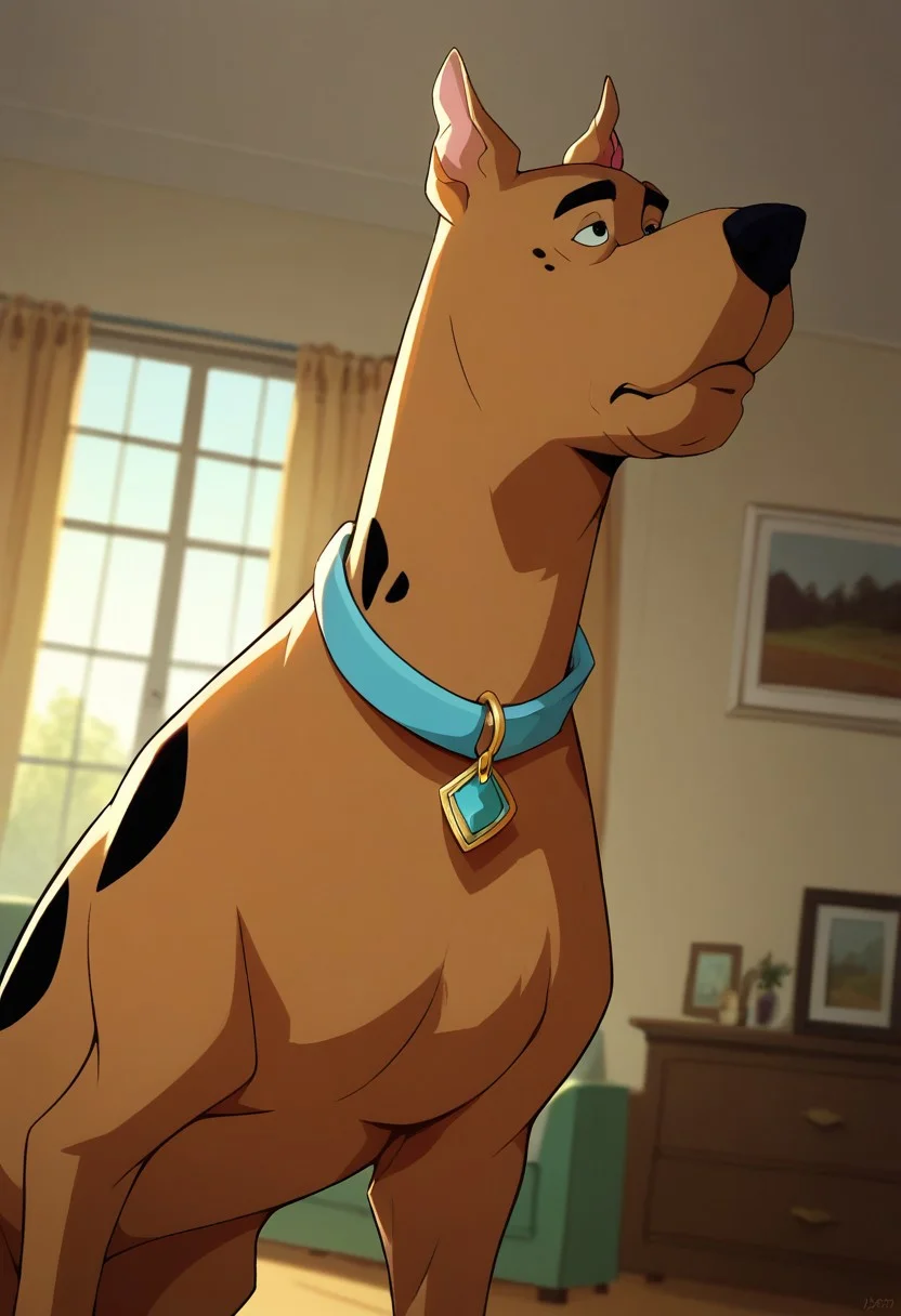 score_9,score_8_up,score_7_up,score_6_up,blurry, blurry background,dog,scooby,upper body,volumetric light,standing,posing,friendly,indoors,living room,cowboy shot,dutch angle