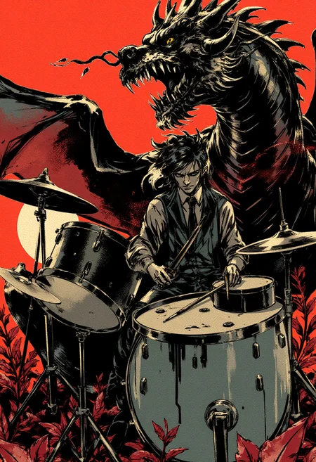 <lora:Yoji_Shinkawa_Style_FLUX-000012:0.8>
This image is a stylized digital illustration with a gritty yshinkawa cyberpunk anime aesthetic, showcasing a dragon playing the drums