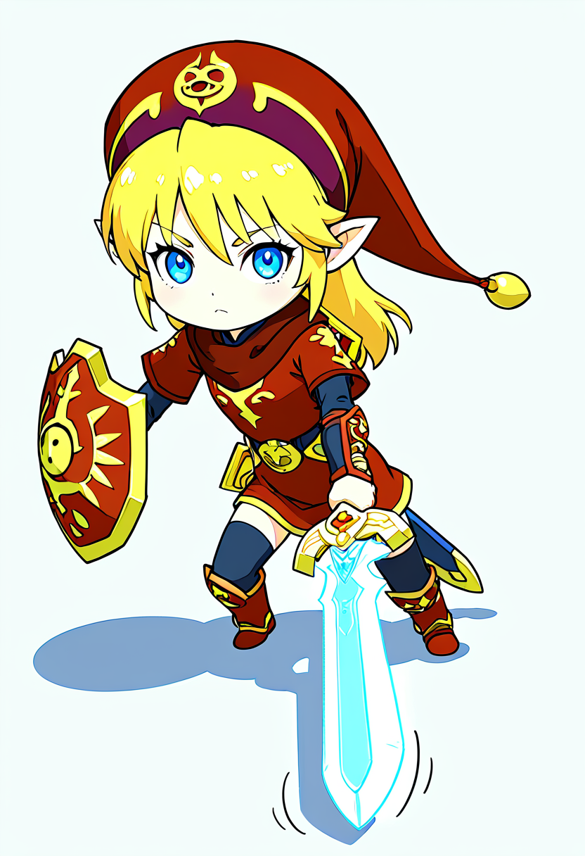 masterpiece, best quality, solo,   1girl, solo, blue eyes, blonde hair,  hat, weapon,  pointy ears, sword, chibi,  shield   ,  dynamic pose, sword slash, motion lines,     <lora:WindWakerStyle_NAI:1.0>,