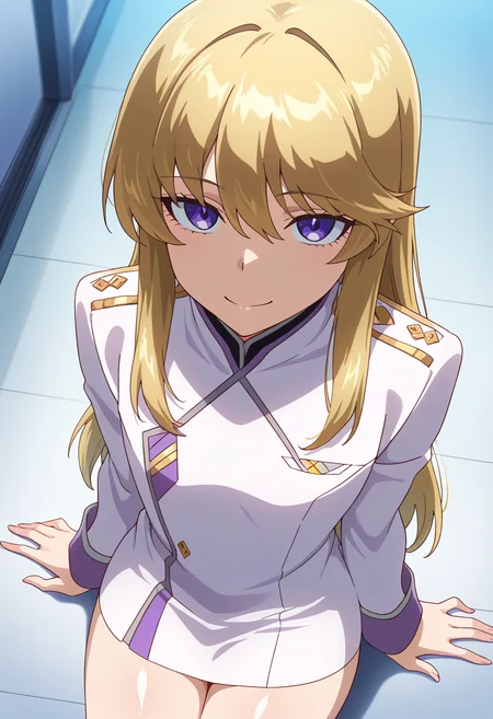 masterpiece, best quality, amazing quality, very aesthetic, absurdres, newest, illustration, perfect composition, intricate details, highres, anime coloring, general, 1girl, solo, (cowboy shot:1.2), keiww, purple eyes, blonde hair, long hair, bangs, hair between eyes, sidelocks, flat chest, white military uniform, long sleeves, <lora:Kugimiya_Kei_Majestic_Prince_ill:1>, from above, sitting, wariza, looking at viewer, smile, indoors, shiny body, shiny skin, skindentation, clear skin, shiny hair, ultra detailed eyes, depth of field, sharp, intricate details, hyperdetailed, ultra-detailed, detailed clothing folds, high contrast, dynamic light <lora:Kugimiya_Kei_Majestic_Prince_ill:1>