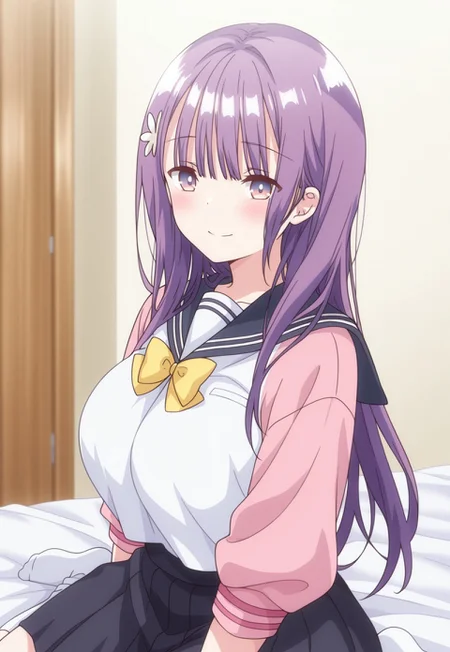 (((1girl,solo))),(masterpiece, amazing quality, best quality),very aesthetic, illustration, perfect composition, intricate details, absurdres, incredibly absurdres,(((SuzukaKai,Purple Hair,Long Hair,Bangs,Purple Eyes,Gradient Eyes,Hair Ornament,Huge Breasts,School Uniform,Pink Serafuku,Yellow Bowtie,Black Skirt,Socks,perfect face, detailed eyes,Original Style,sitting,on bed))),from side,cowboy shot,blush,smile,looking at viewer,indoors,bedroom