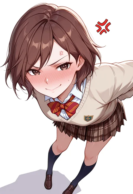 masterpiece,high quality details, absurdres,
<lora:Hiro_Kurusu_V2:0.8>
hiro_cnr, 1girl, brown hair, short hair, brown eyes,
hiro_s1,pleated skirt, shirt, sweater,bowtie,kneehighs, shoes, plaid skirt,, simple background, white background, from above,solo,, full-face blush,anger vein,, happy face,bent forward at waist,legs spread,