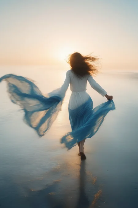 <lora:Elizabeth Gadd Style:1>Elizabeth Gadd Style - A girl dressed in white wearing blue scarf running on the edge of the ocean, in sunset light and there is a haze in the atmosphere, captured by Sony alpha a 7III with Sony FE 24-105mm f/4 G OSS lens