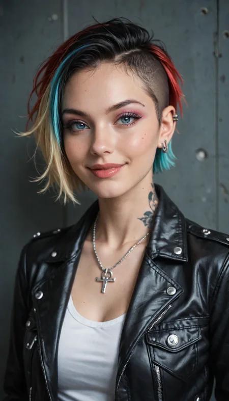 score_9, score_8_up, score_7_up, Portrait, girl, punk, cute, seductive, innocent, light smile:0.3, plump lips, slender body, very short hair, multicolored hair, in high detailed textured black leather jacket, piercing, small tattoo, most iconic photo, London night background, depth of field, dynamic angle, photo realistic:1.4, realistic skin:1.4, fashion photography, sharp, analog film grain