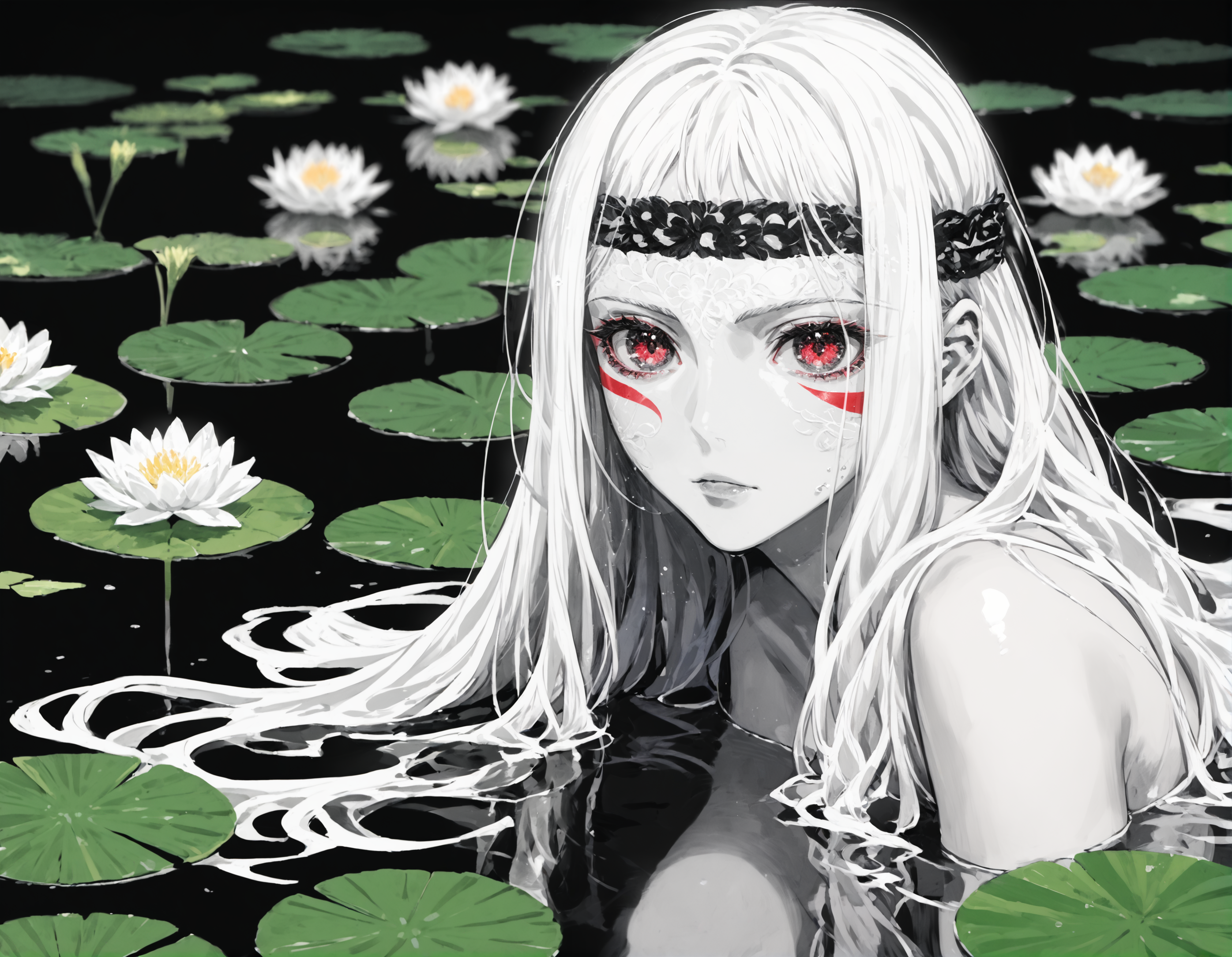 (Masterpiece:1.3), (best quality:1.2), (detailed background:1.1), (intricate details:1.1), (detailed background:1.2), 1girl, solo focus, (white hair:1.2),(pale skin:1.3), (white skin:1.5),eye detail,eye reflection,1girl,solo,mysterious,vivid color,shiny,(long messy white hair), messy long hair,light red eyes,(reflective eyes),water lily pond,water lily,, (lighting flare), score_9_up, score_8_up, score_7_up,score_6_up, m4kyuk1, monochrome, <lora:Makoto_Yukimura:0.9>, <lora:Abstract:0.3>, <lora:add-detail-xl:1>