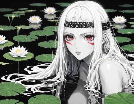 (Masterpiece:1.3), (best quality:1.2), (detailed background:1.1), (intricate details:1.1), (detailed background:1.2), 1girl, solo focus, (white hair:1.2),(pale skin:1.3), (white skin:1.5),eye detail,eye reflection,1girl,solo,mysterious,vivid color,shiny,(long messy white hair), messy long hair,light red eyes,(reflective eyes),water lily pond,water lily,, (lighting flare), score_9_up, score_8_up, score_7_up,score_6_up, m4kyuk1, monochrome, <lora:Makoto_Yukimura:0.9>, <lora:Abstract:0.3>, <lora:add-detail-xl:1>