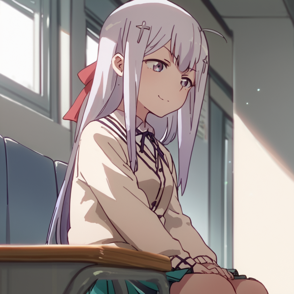 score_9, score_8_up, score_7_up, score_6_up, score_5_up, score_4_up, source_anime,  Raphiel_DO, school uniform, smirk, sitting, class room,