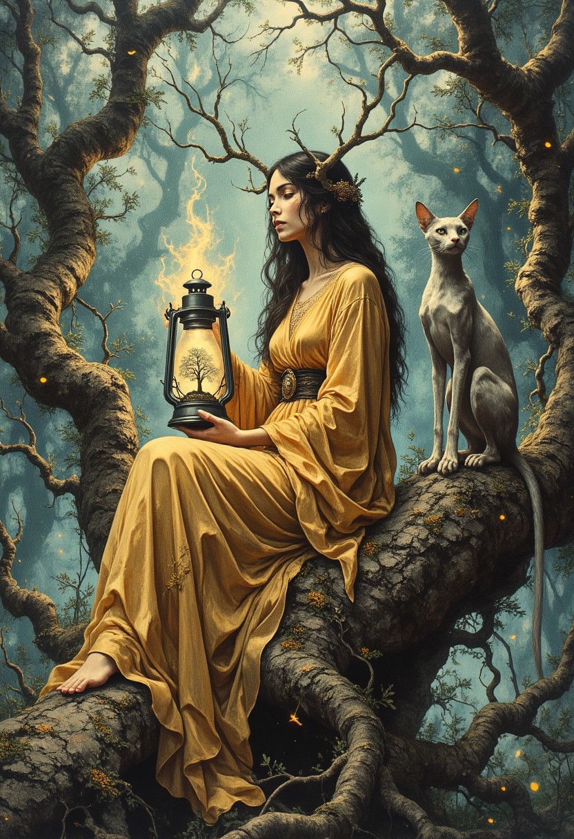 A mystical woman sits atop a massive, weathered tree stump in a dense, ancient forest. She wears a flowing golden gown that cascades around her, pooling over the gnarled wood. Her dark, waist-length hair is interwoven with antler-like branches that extend from her head, their twisted limbs adorned with small golden trinkets. Her face is pale with sharp, symmetrical features, and her eyes are framed by long, dark lashes.
She holds a glass lantern containing a small bonsai tree that emits a soft golden glow. Wisps of light rise from the lantern, drifting upward. Across from her, a feline-like creature with sinewy, nearly hairless skin perches on the stump, watching her intently. Its long limbs and sharp gaze add to its striking appearance.
The background consists of towering, ancient trees with gnarled roots and twisted branches. A dense blue-green mist swirls around the scene. Tiny golden fireflies hover in the air, casting soft points of light. Moss and small plants grow along the bark of the tree stump, adding texture to the surface.
Overhead, the tangled branches of the forest stretch toward the sky, partially obscuring the view above. The lighting is soft and diffused, with a cool-toned glow filtering through the mist. Her golden gown contrasts against the darker, muted tones of the environment.